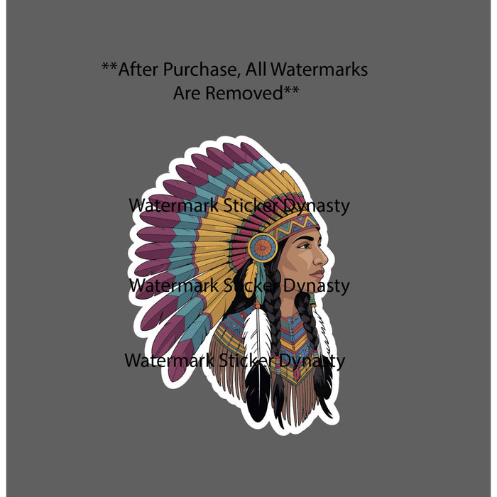Native Girl Sticker Waterproof Decal Headdress Feathers Tribe Gift NEW