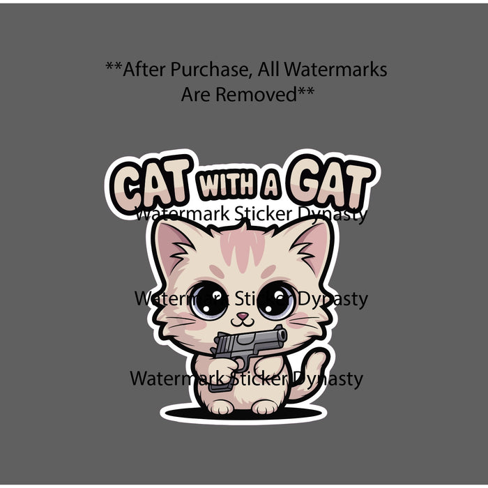 Cat With a Gat Sticker Waterproof Decal Gun Funny Cute Kawaii Military Gift NEW