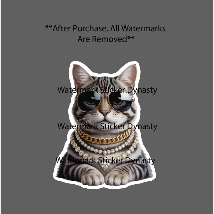 Cool Cat Sticker Waterproof Decal Diamonds Gold Chain Sunglasses Gift NEW