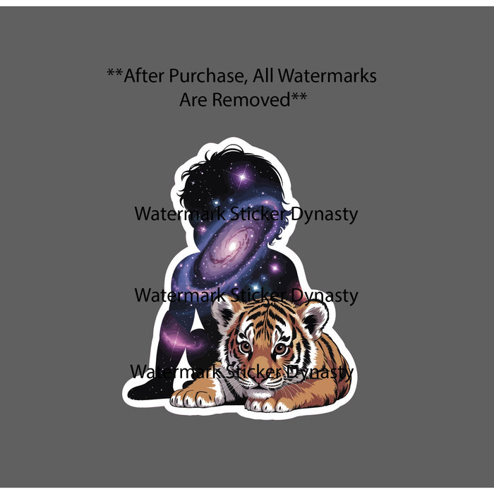 Kid and Tiger Cub Sticker Waterproof Decal Galaxy Space Stars Gift NEW