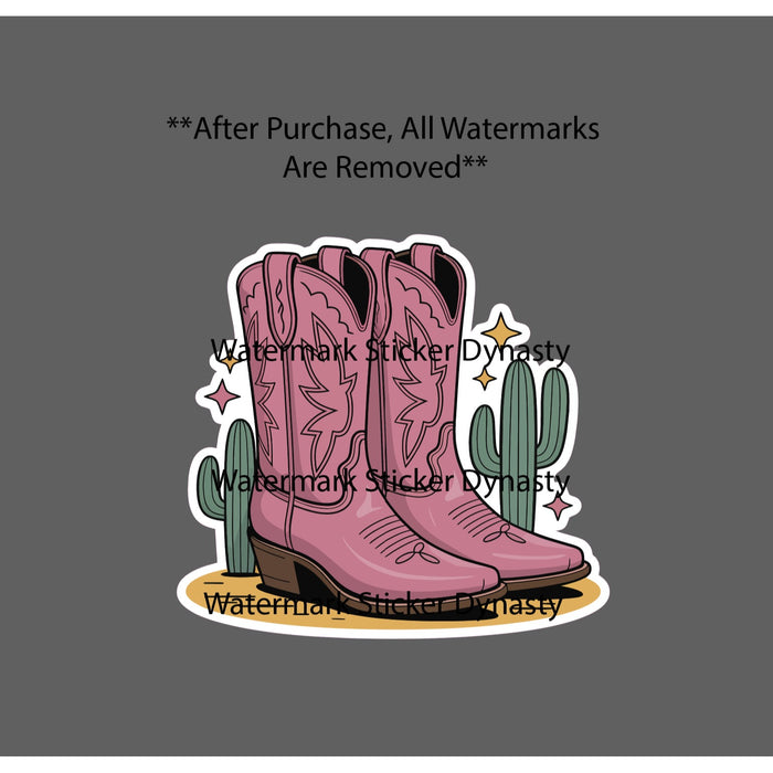 Pink Cowboy Boots Sticker Waterproof Decal Cowgirl Cactus Western Gift NEW