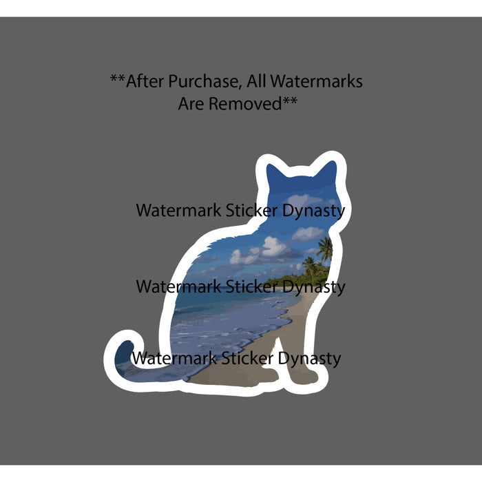 Cat Beach Scene Sticker Waterproof Decal Ocean Waves Tropical Pet Gift NEW