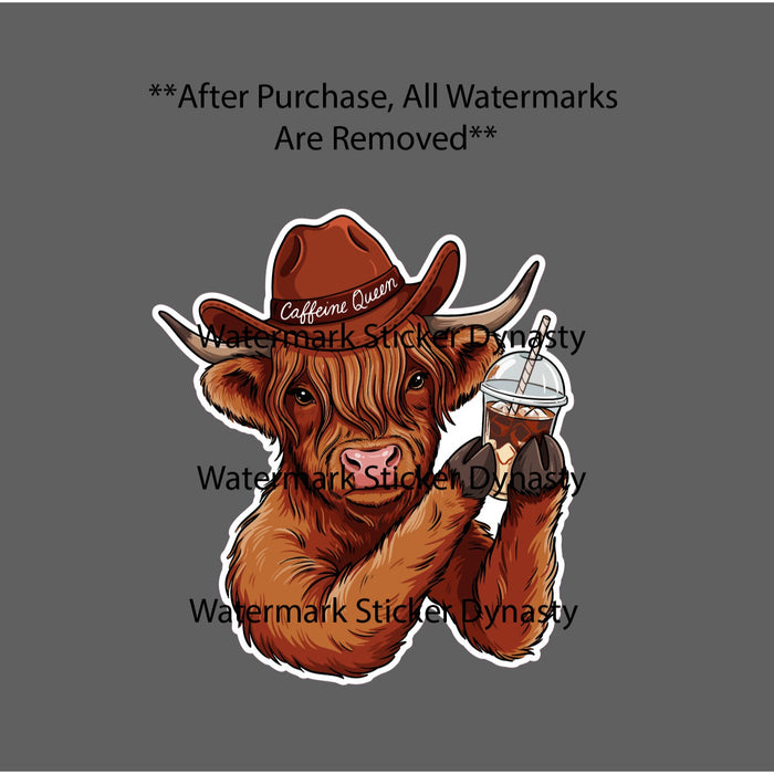 Caffeine Queen Sticker Waterproof Decal Highland Cow Iced Coffee Cute Gift NEW