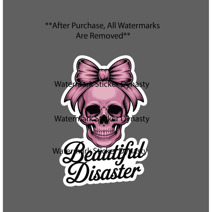 Beautiful Disaster Sticker Waterproof Decal Pink Skull Bow Cute Bones Gift NEW