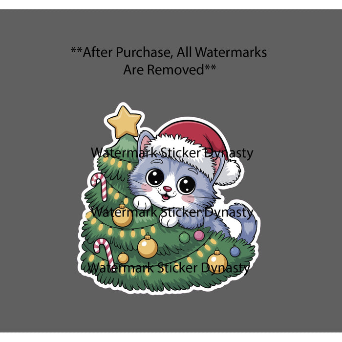 Cat Christmas Tree Sticker Waterproof Decal Holiday Kitten Animal Santa Gift NEW